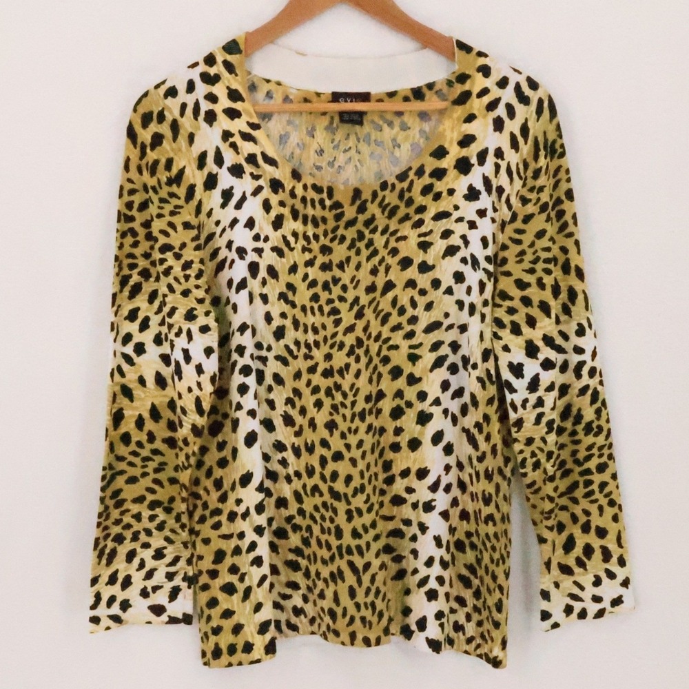Leopard Print Knit Sweater Womens Size M Yellow Black Animal Print Layering